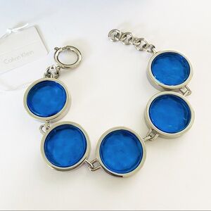 NWT Calvin Klein silver and cobalt blue glass round station bracelet MSRP $199
